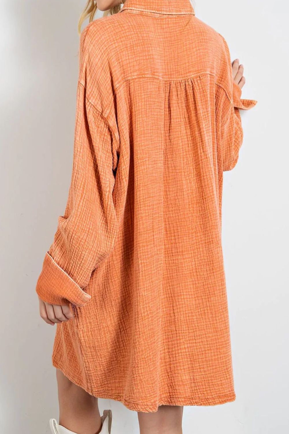 Pocketed Button Up Long Sleeve Shirt Dress