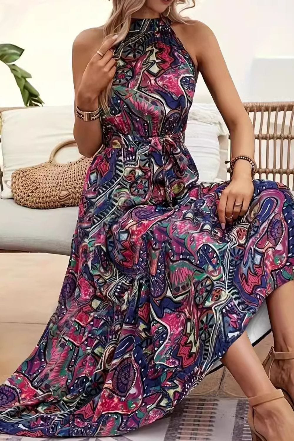 FULL SIZE Tied Slit Floral Sleeveless Dress