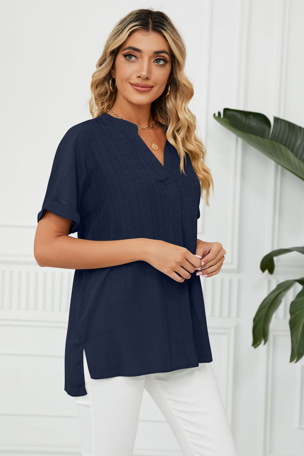 Full Size Side Slit Notched Neck Cuffed Short Sleeve Blouse