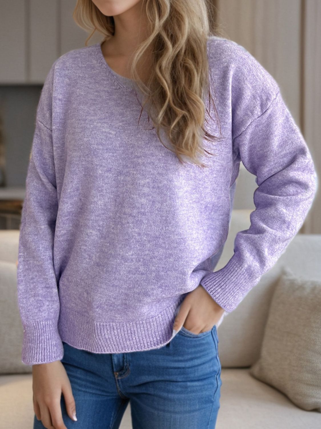 V-Neck Dropped Shoulder Long Sleeve Sweater