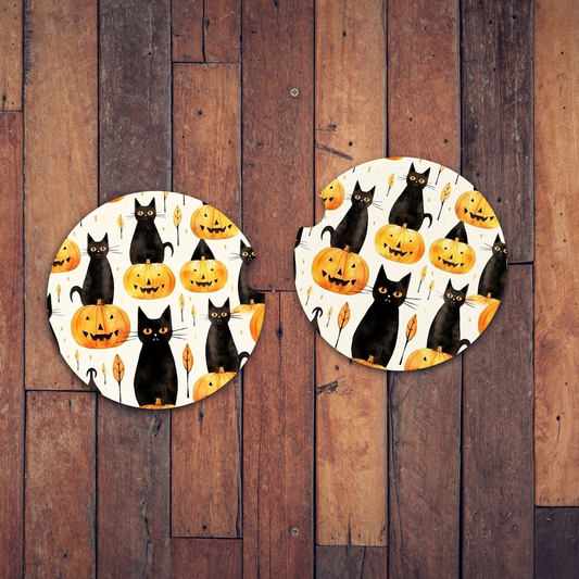 Purrfectly Pumpkin Halloween Car Coasters