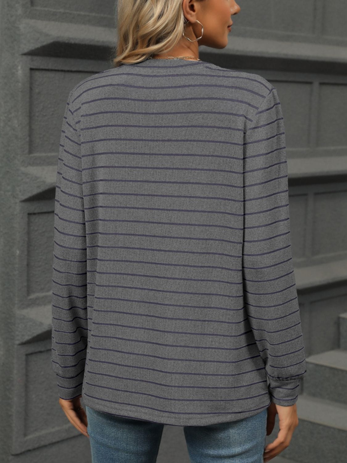 Full Size Striped Notched Long Sleeve T-Shirt