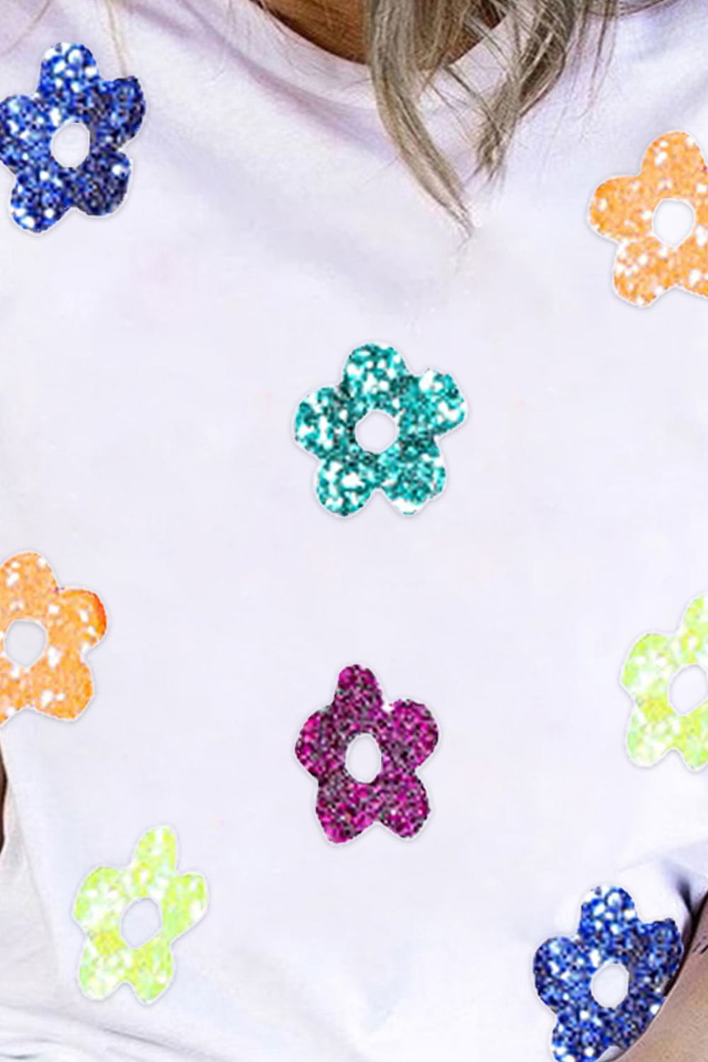 Sequin Flower Round Neck Short Sleeve T-Shirt