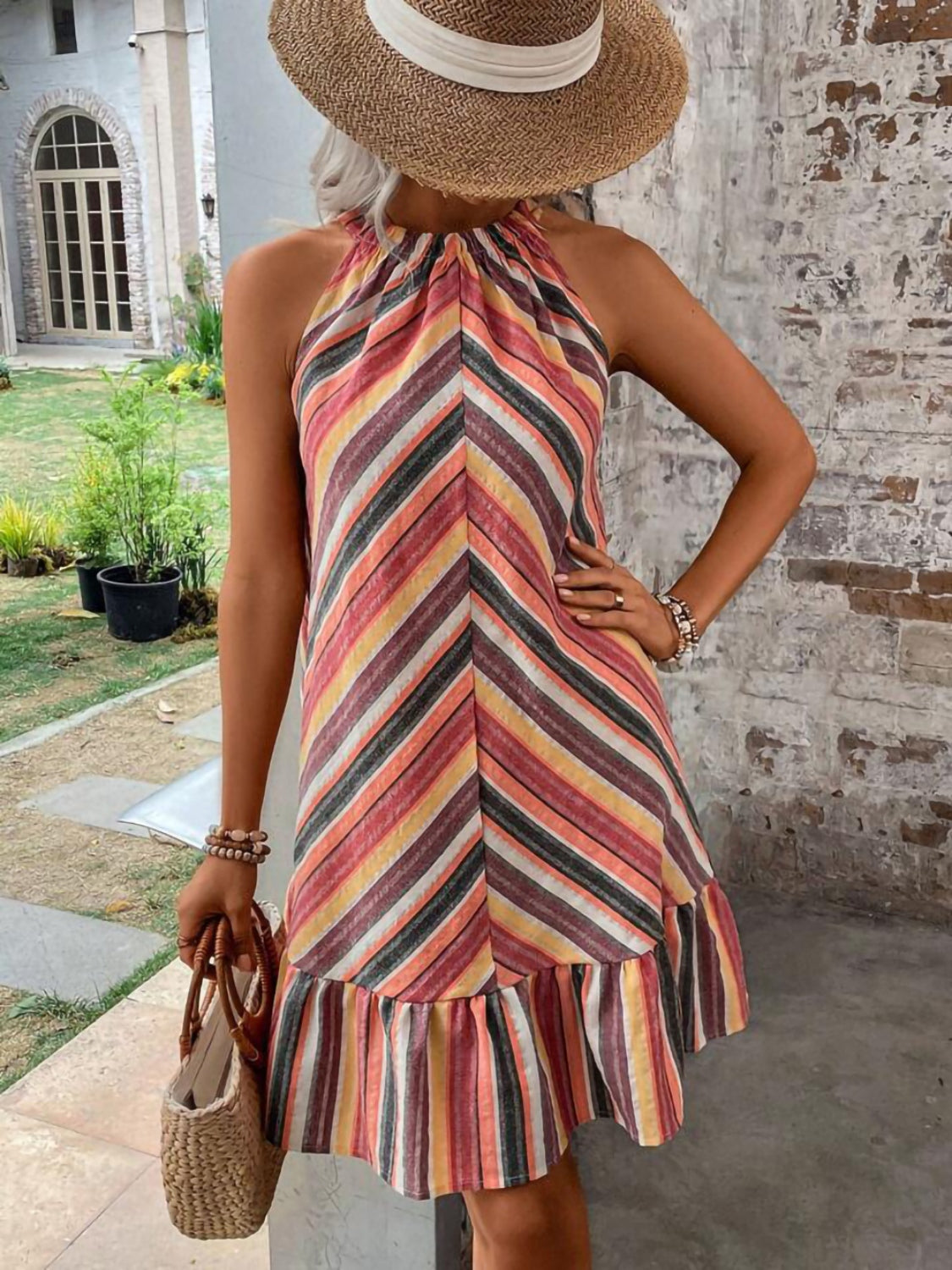 Striped Grecian Neck Mini Dress