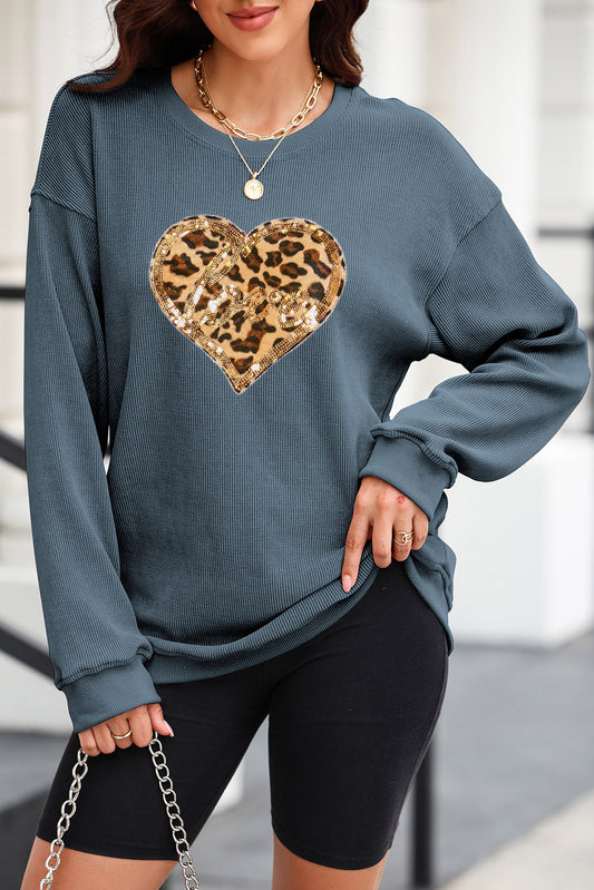 Full Size Heart Leopard Sequin Round Neck Sweatshirt