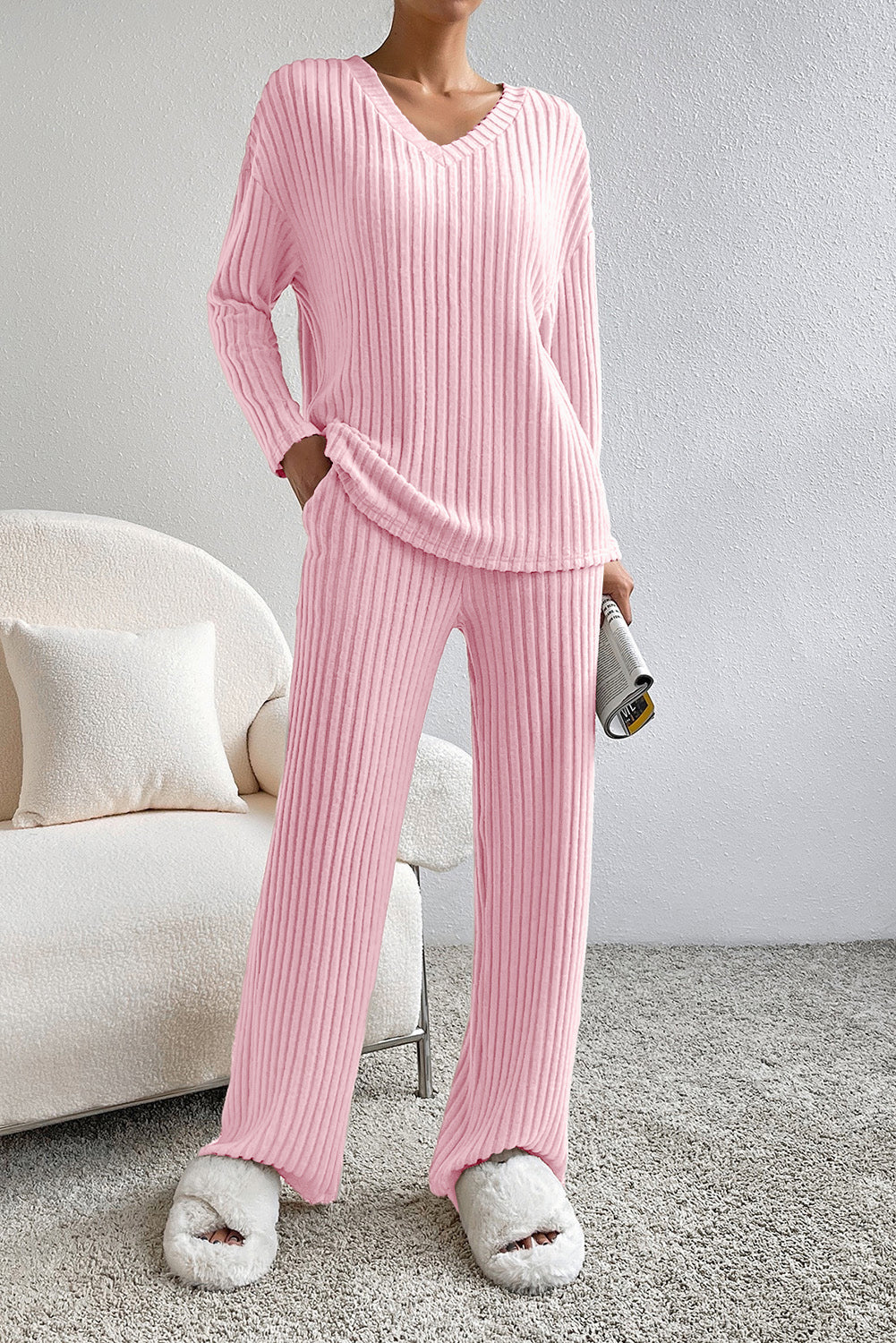 NotSoBasic Ribbed V-Neck Top and Pants Lounge Set