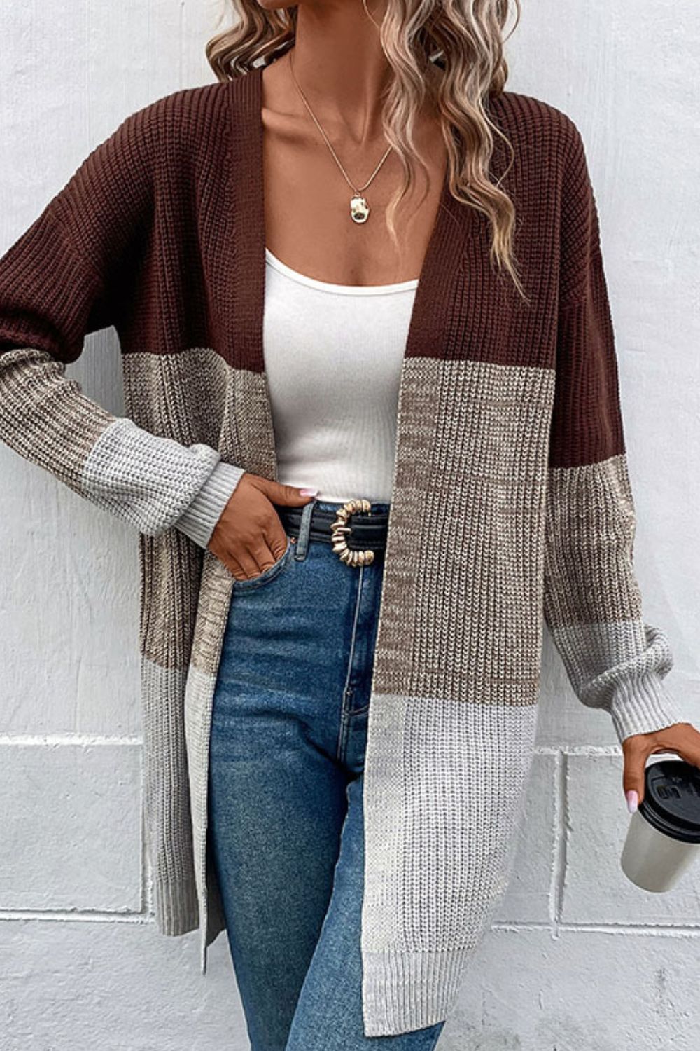 Woven Right Color Block Open Front Rib-Knit Longline Cardigan