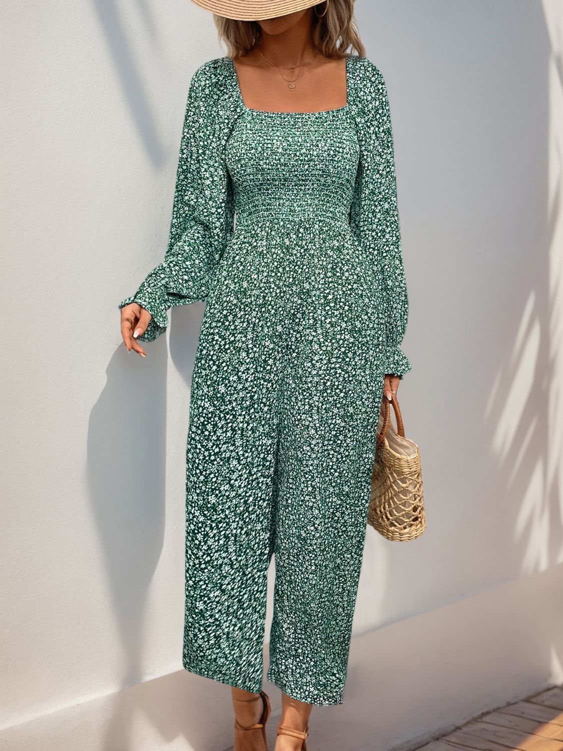 Perfee Smocked Printed Long Sleeve Wide Leg Jumpsuit