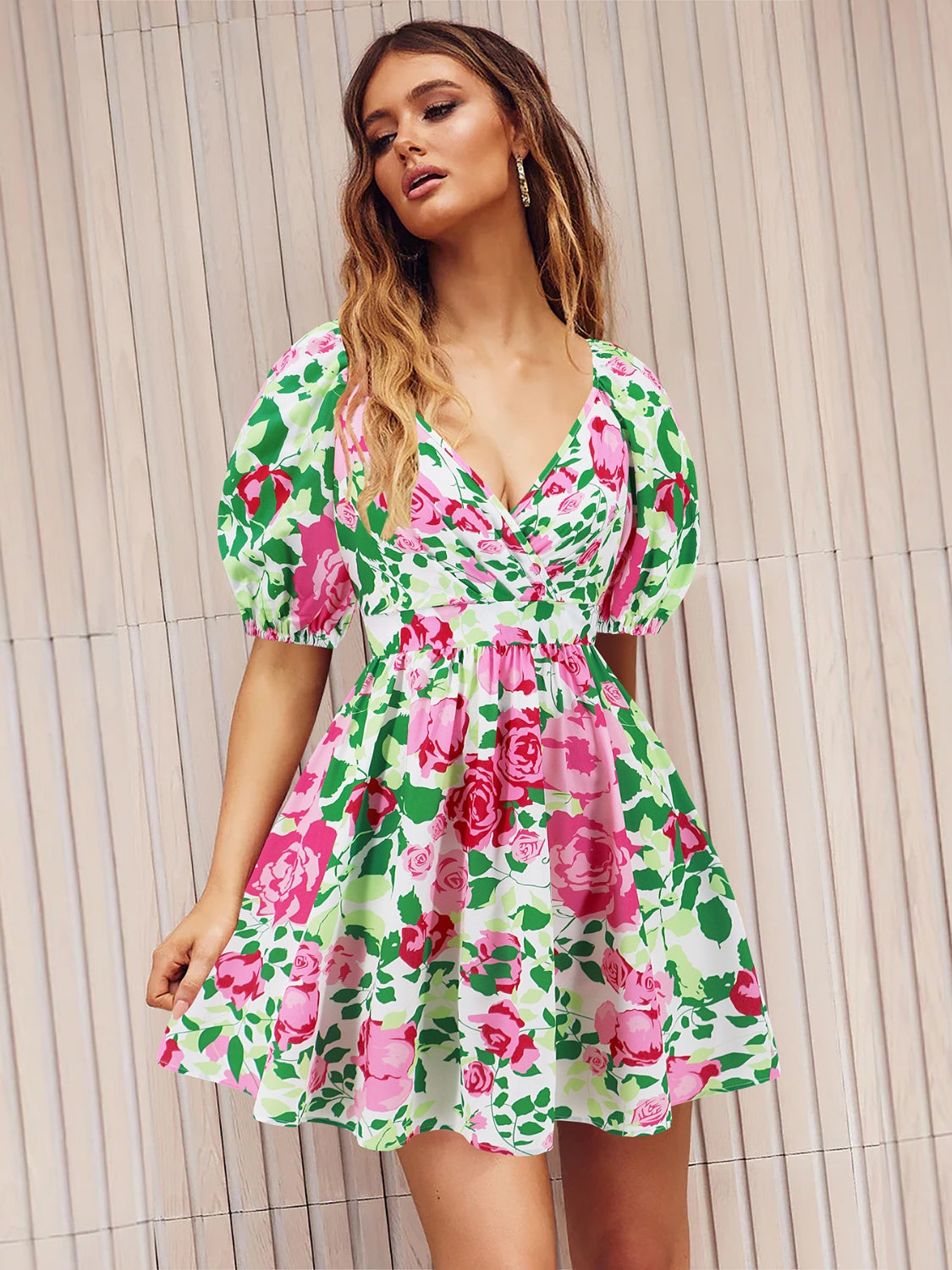 Full Size Printed Surplice Short Sleeve Dress