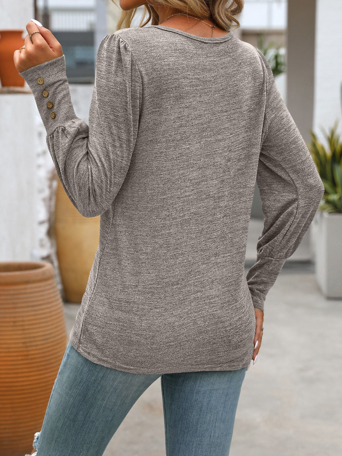 Full Size Decorative Button Round Neck Long Sleeve T-Shirt