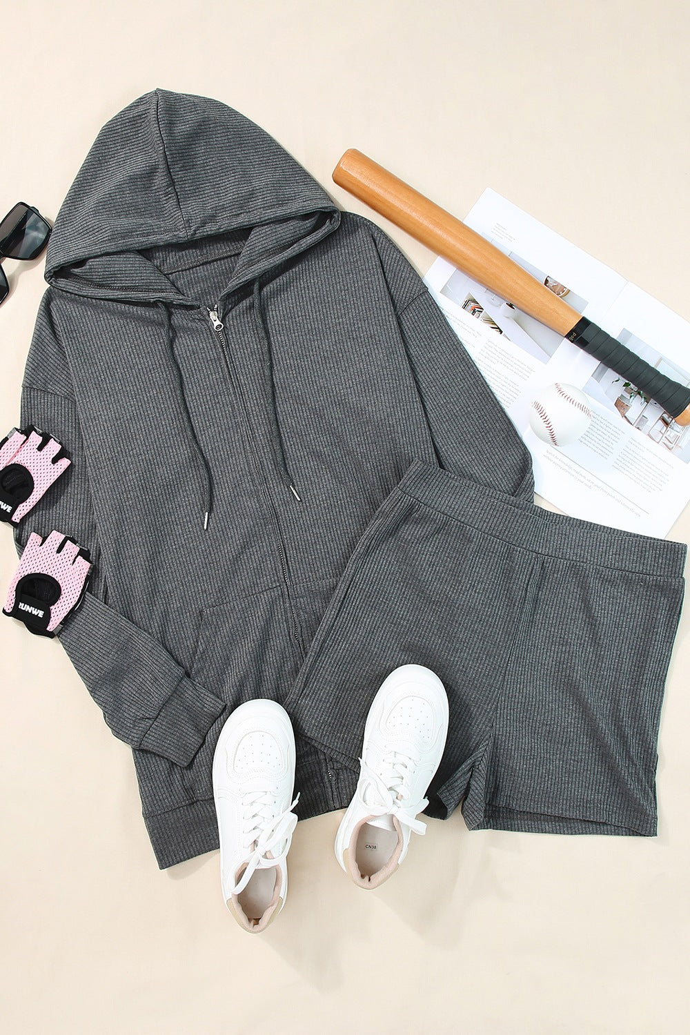 Full Size Drawstring Zip Up Sweatshirt and Shorts Set