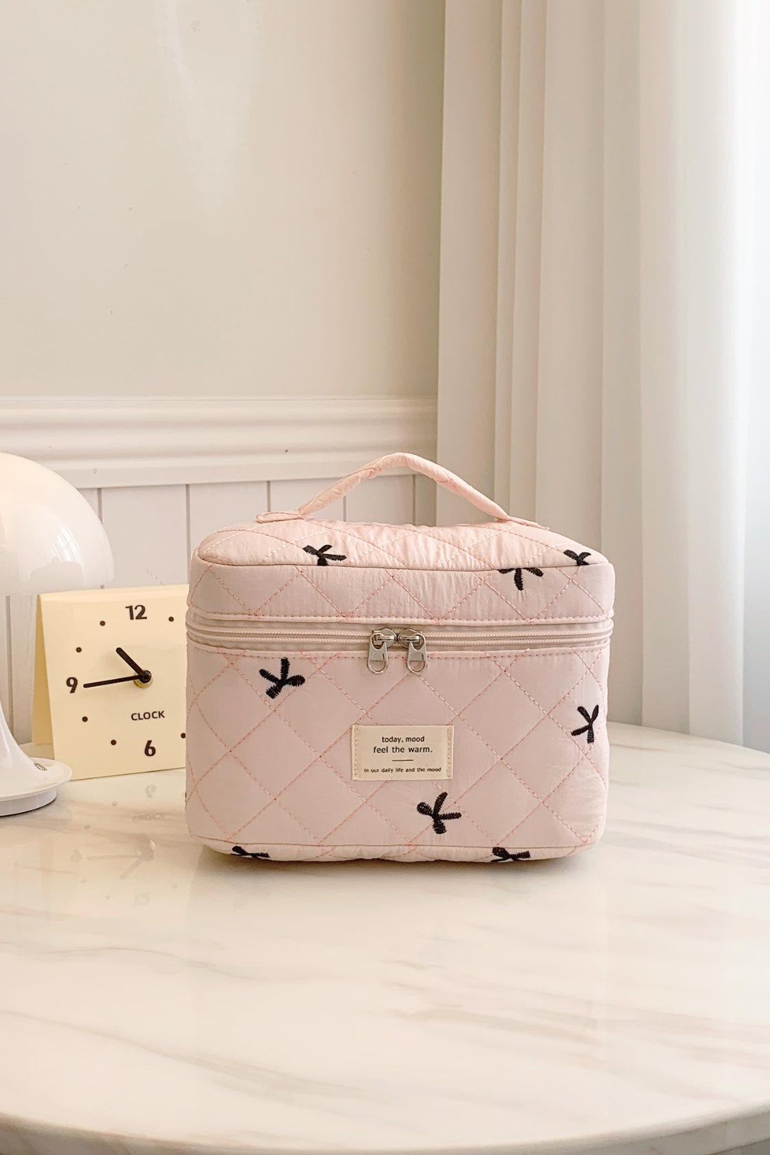 Bow Embroidered Quilted Storage Bag with Zip