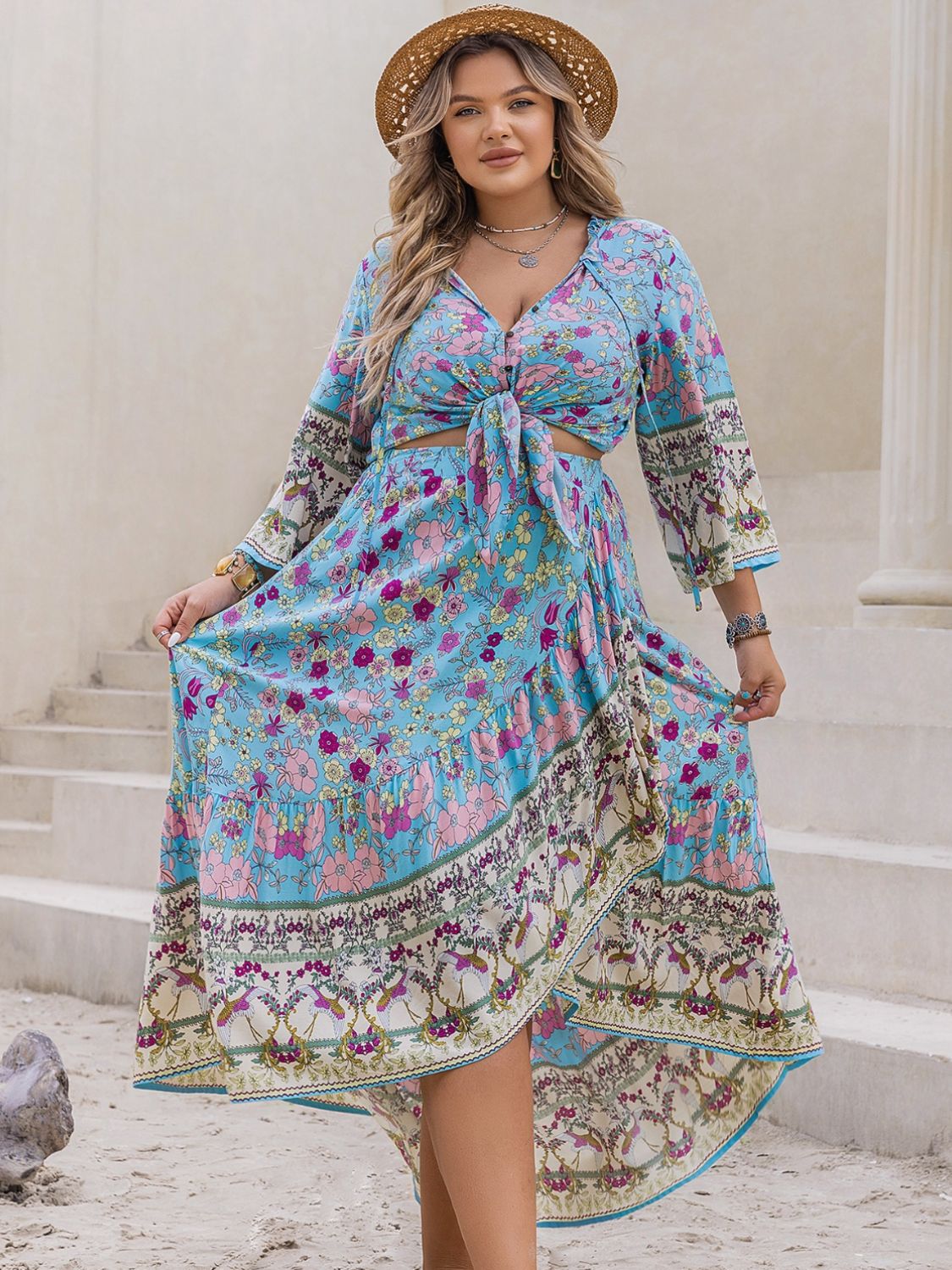 Plus Size Printed Light Blue Tie Neck Top and Skirt Set