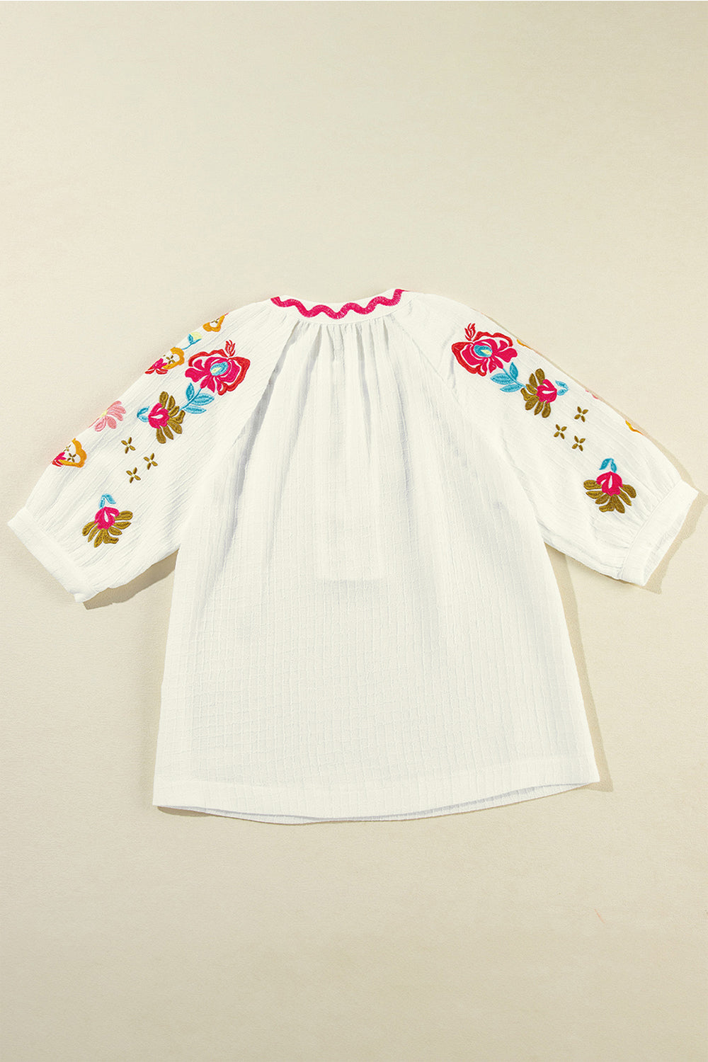 Embroidered Notched Half Sleeve Blouse