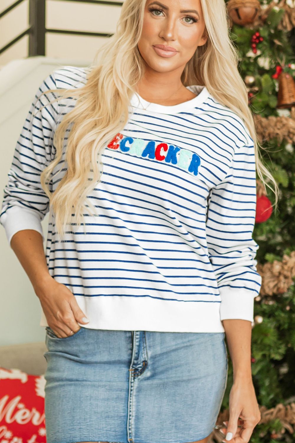 FIRECRACKER Striped Round Neck Long Sleeve Sweatshirt