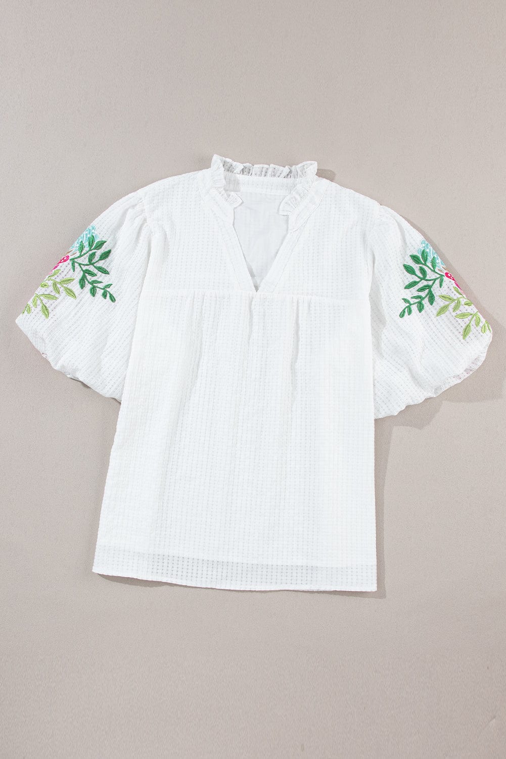 Embroidered Notched Half Sleeve Blouse