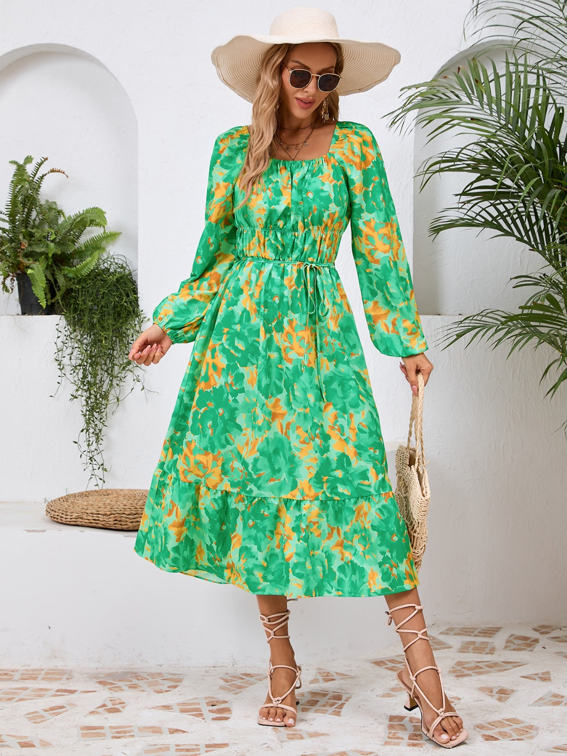 Full Size Printed Long Sleeve Midi Dress