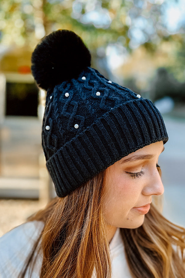 Black Fur Pom Pearl Beanie