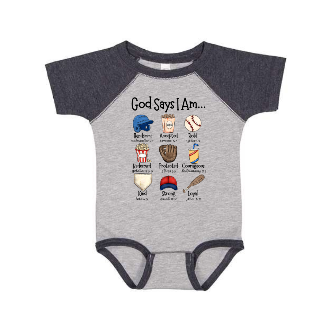 Baseball God Says I Am Infant Raglan Bodysuit SZ Newborn - 24M