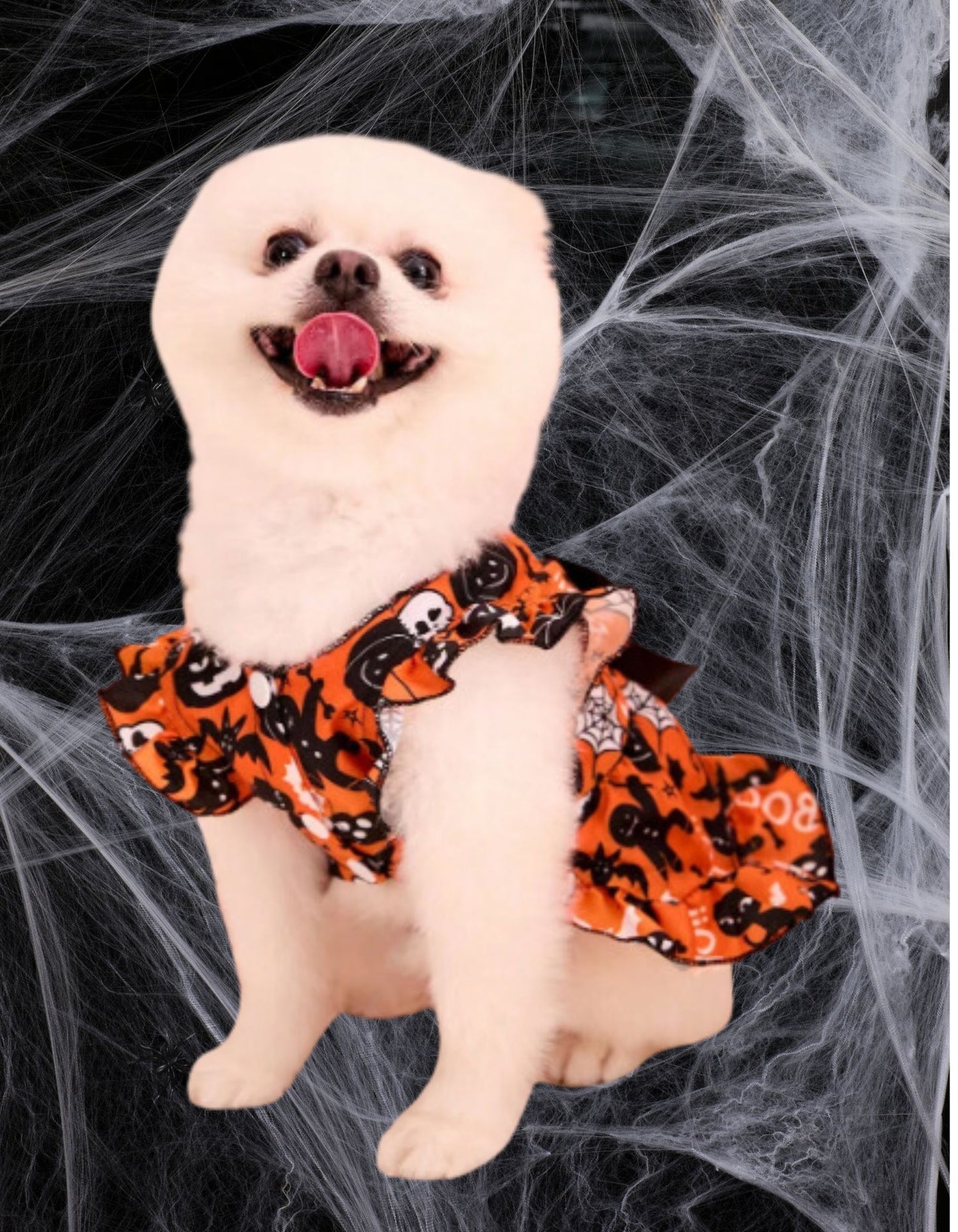 LOVE MY PET Halloween Princess Puff Sleeve Dress with Orange Bow