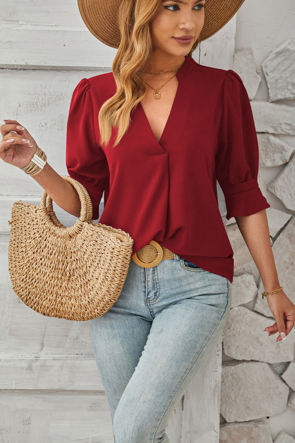 Full Size Notched Half Sleeve Blouse