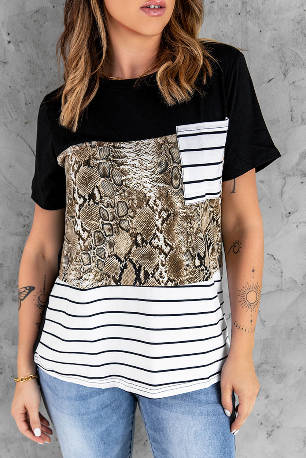 Women's Mixed Print Color Block Round Neck Tee Shirt