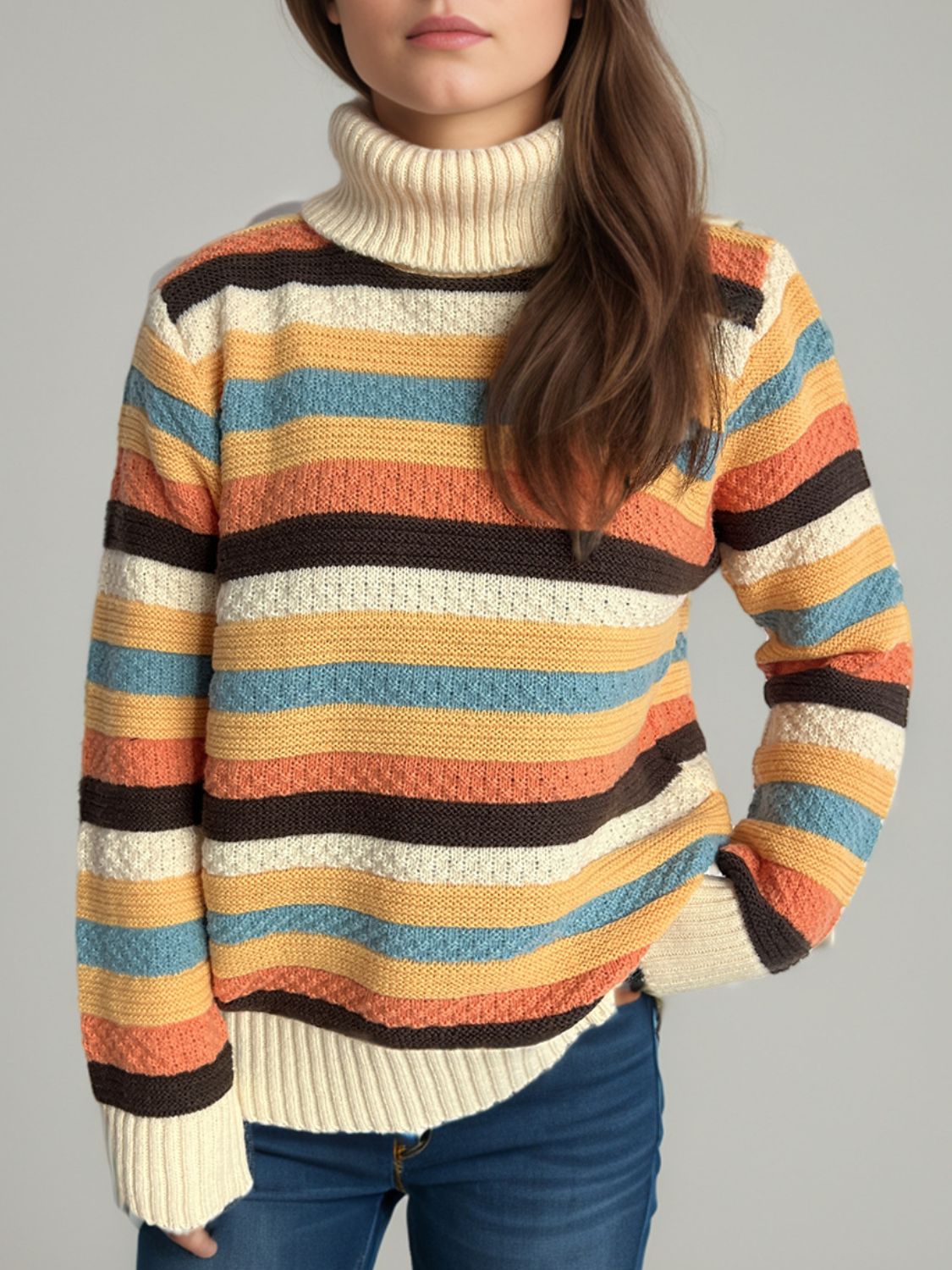 Contrast Stripes Turtleneck Long Sleeve Sweater