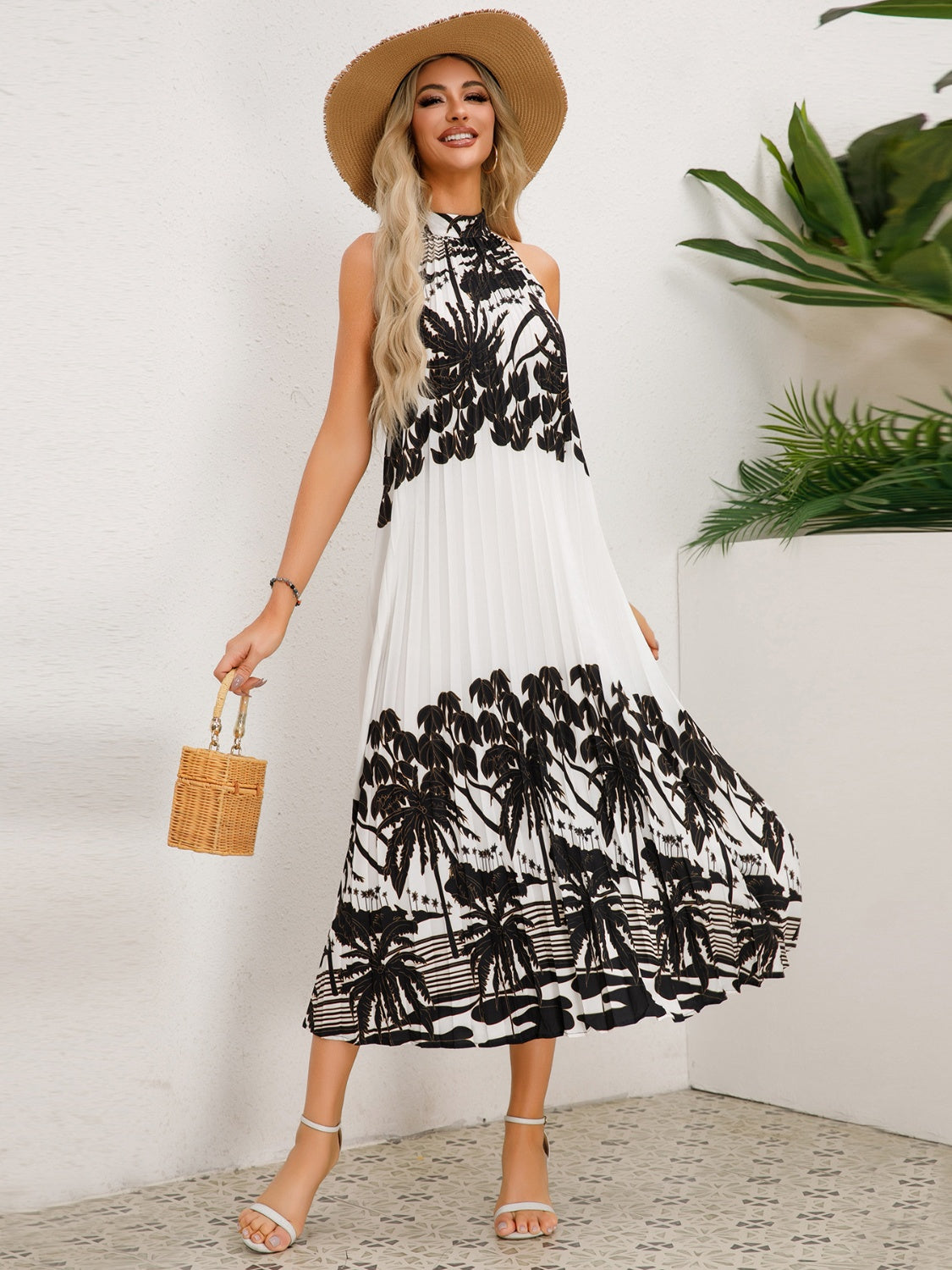 Full Size Tied Printed Sleeveless Midi Dress