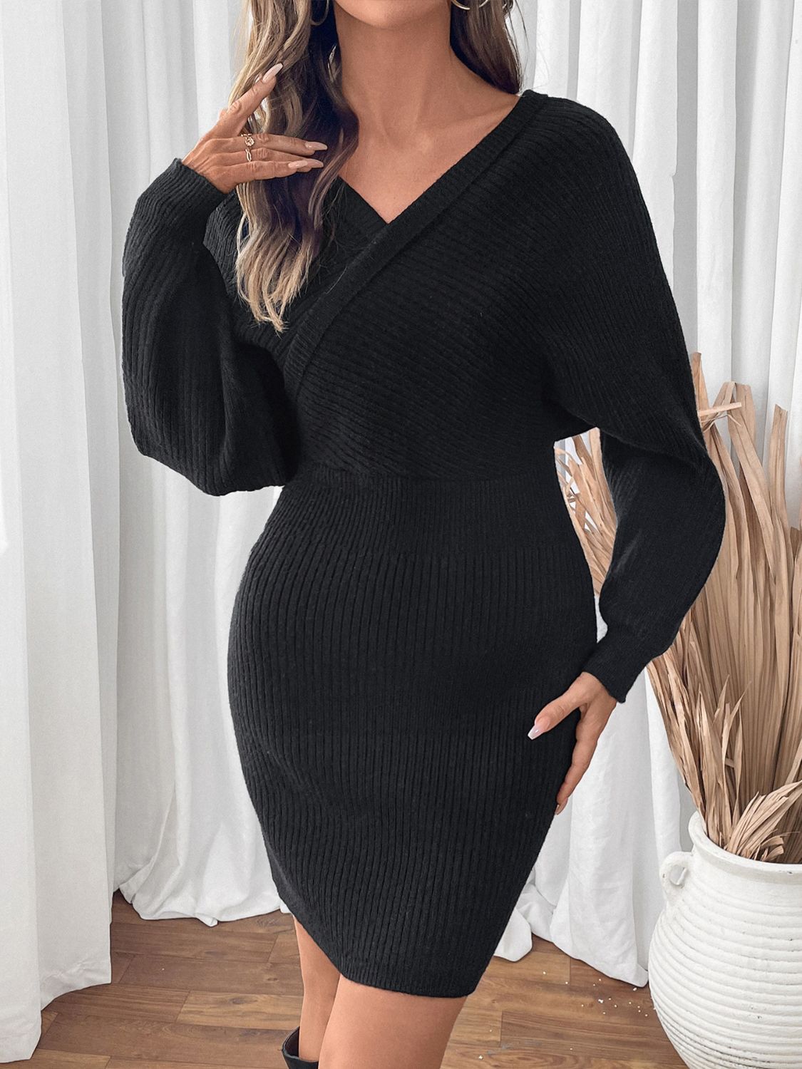 Perfee Surplice Long Sleeve Sweater Dress