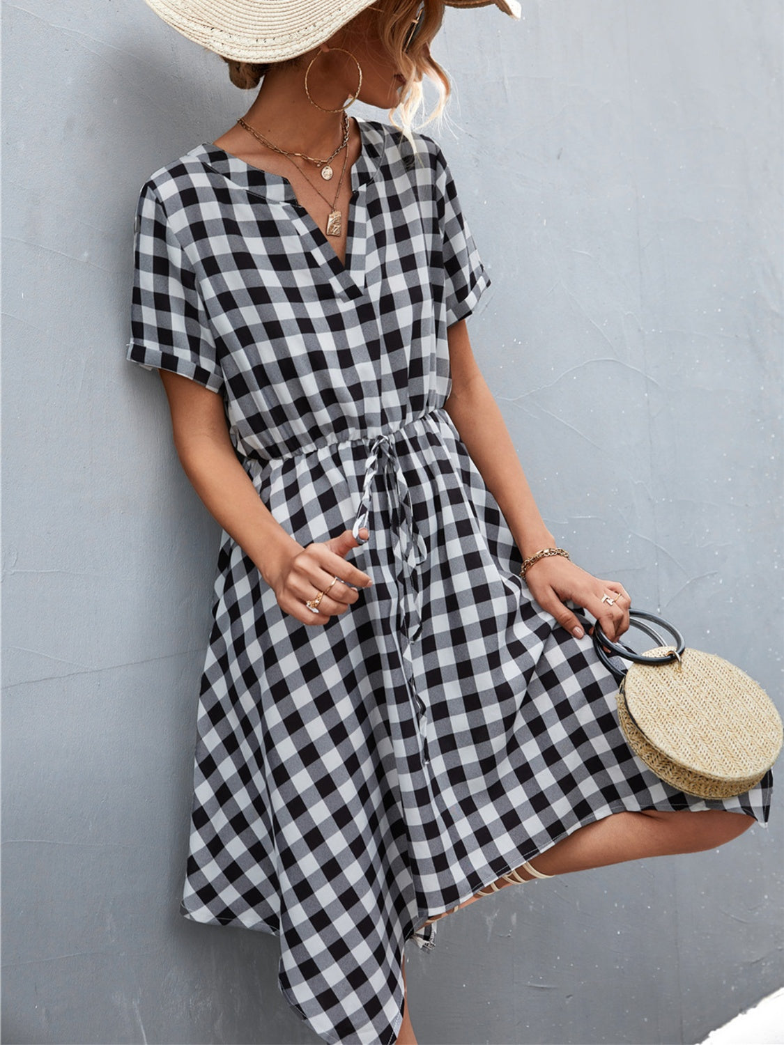 Plaid Notched Short Sleeve Dress