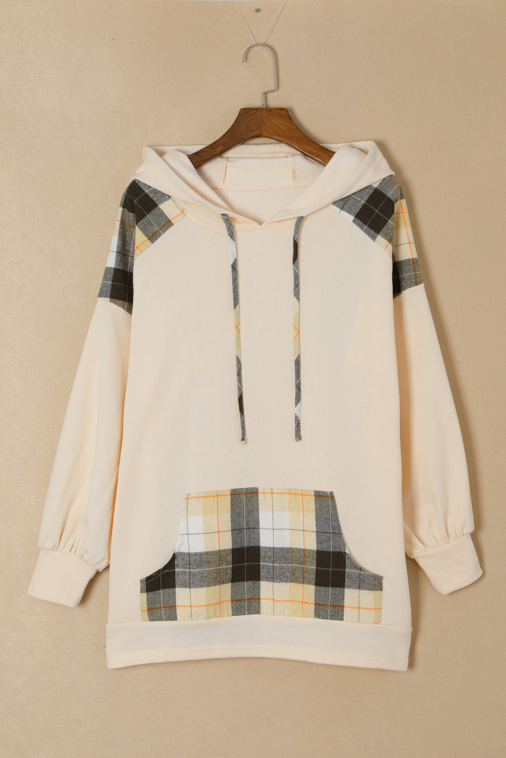 Drawstring Plaid Long Sleeve Hoodie