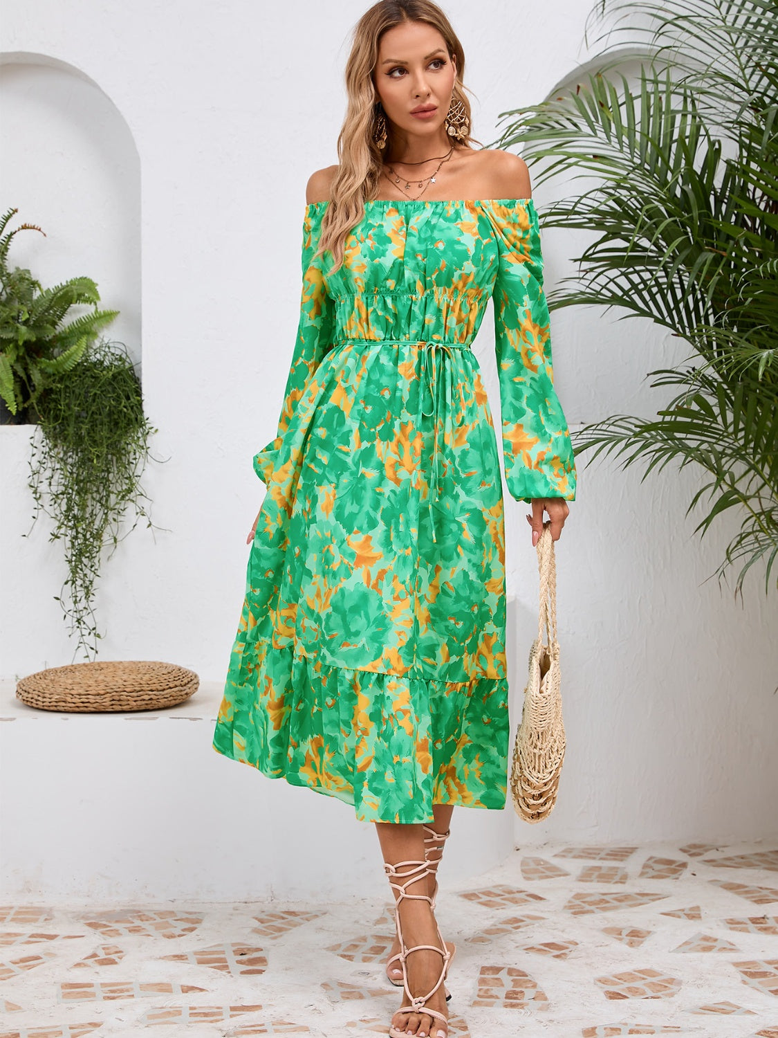 Full Size Printed Long Sleeve Midi Dress