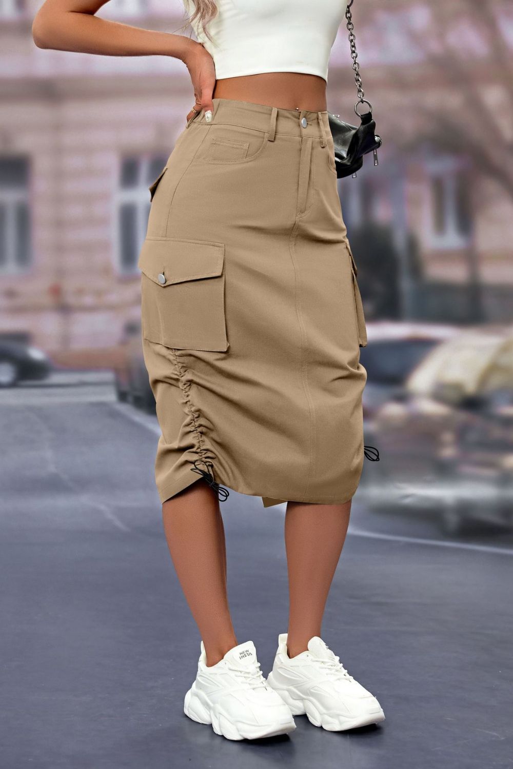 Drawstring Slit Skirt with Pockets