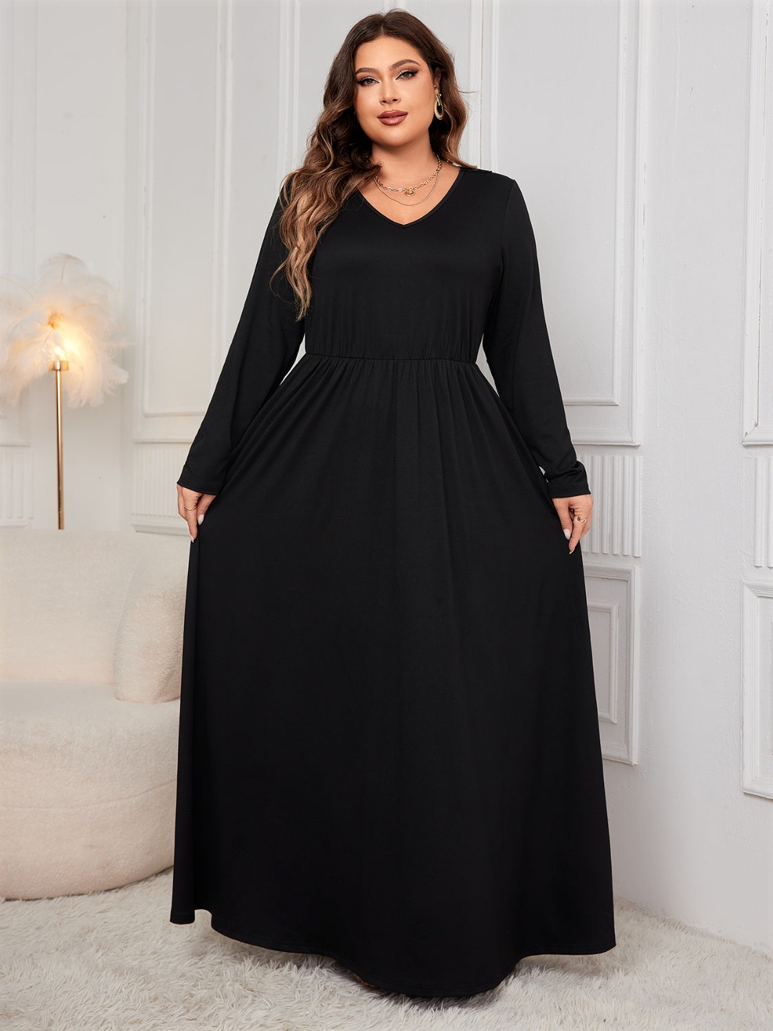 Plus Size Cutout V-Neck Black Long Sleeve Maxi Dress