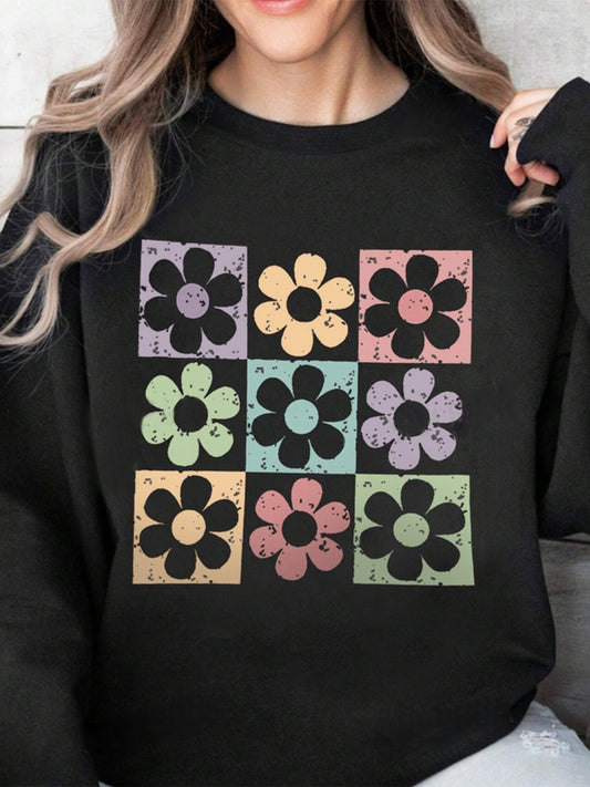 Flower Round Neck Long Sleeve Sweatshirt