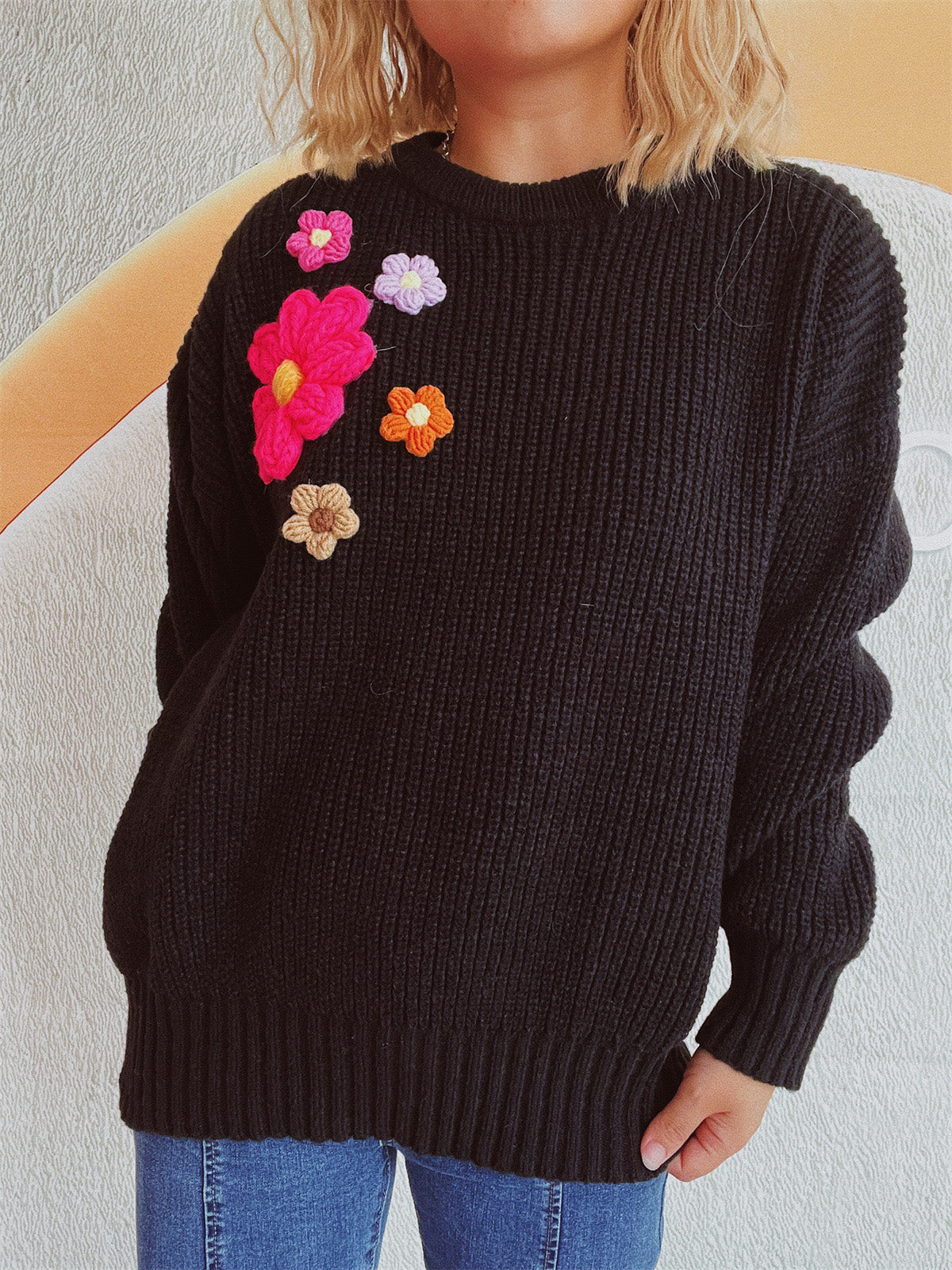 Crochet Flower Round Neck Dropped Shoulder Sweater