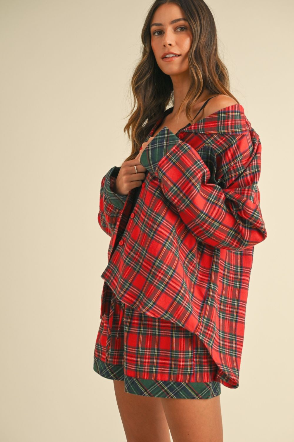 Annie Wear Contrast Plaid Long Sleeve Top and Shorts Set