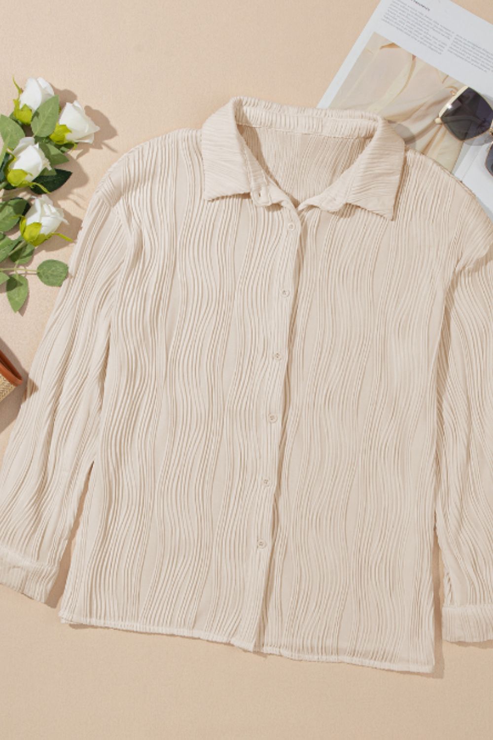 Texture Collared Neck Button Down Long Sleeve Shirt