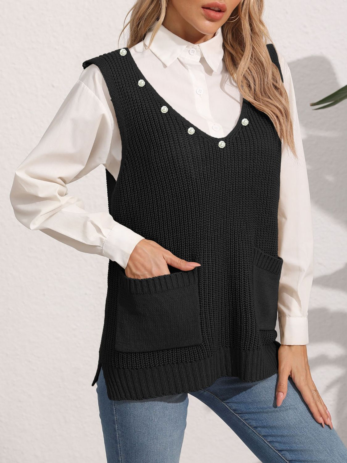 Slit V-Neck Sweater Vest