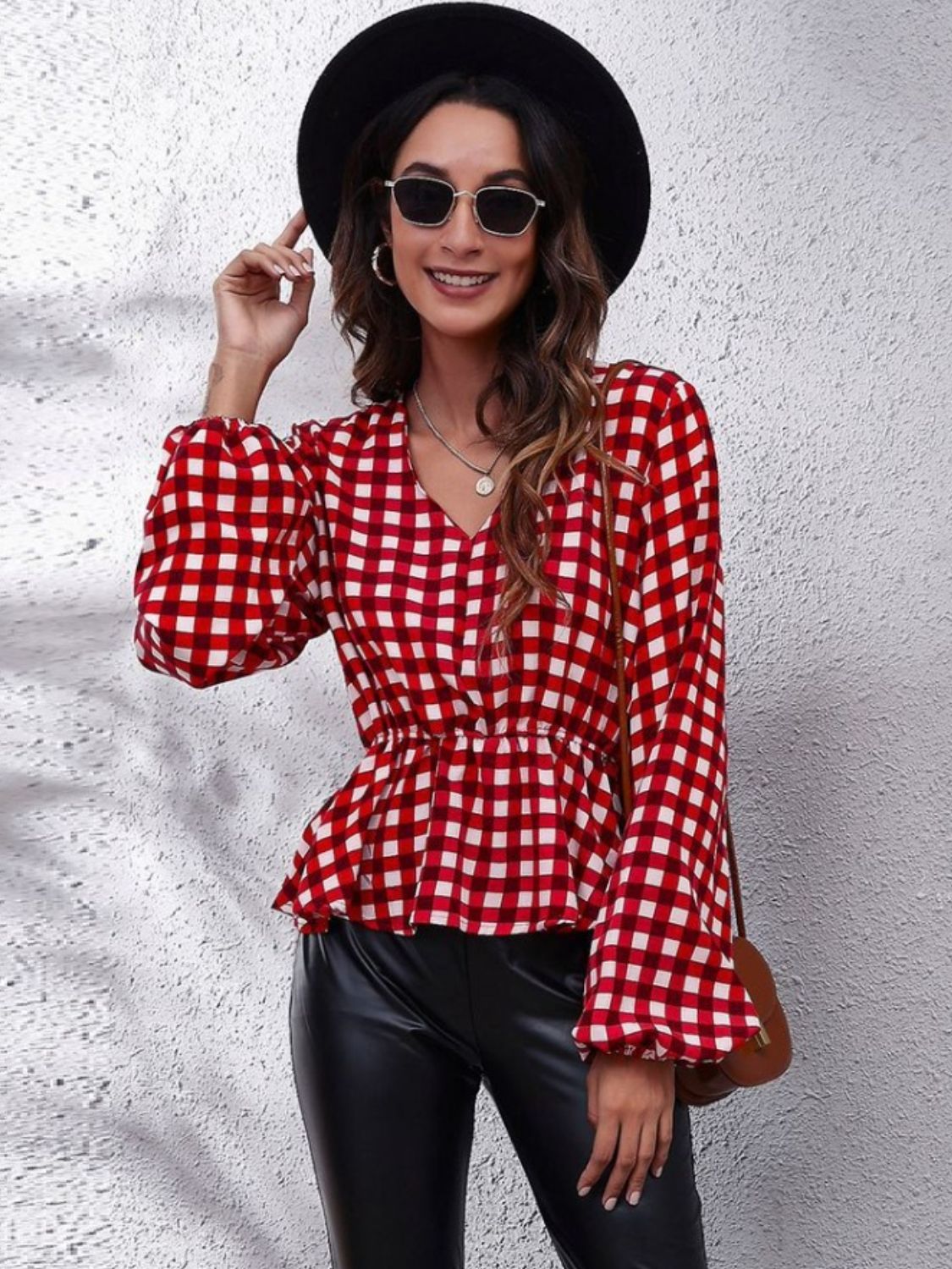 Ruched Printed V-Neck Long Sleeve Blouse