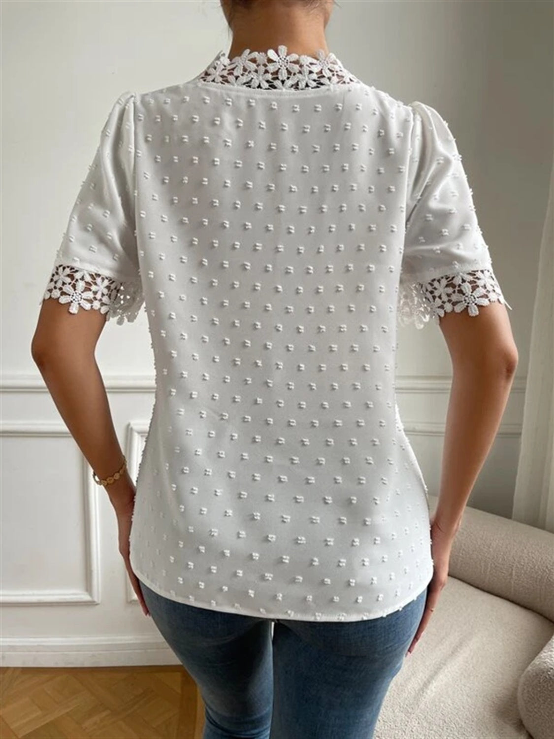 Swiss Dot V-Neck Short Sleeve Blouse