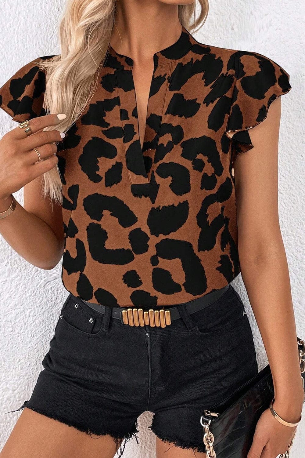 Leopard Notched Cap Sleeve Blouse