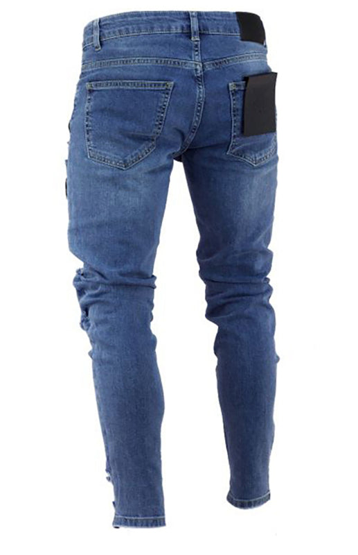 Men's Graphic-Patchwork Classic Wash Distressed Slim Fit Frayed Jeans