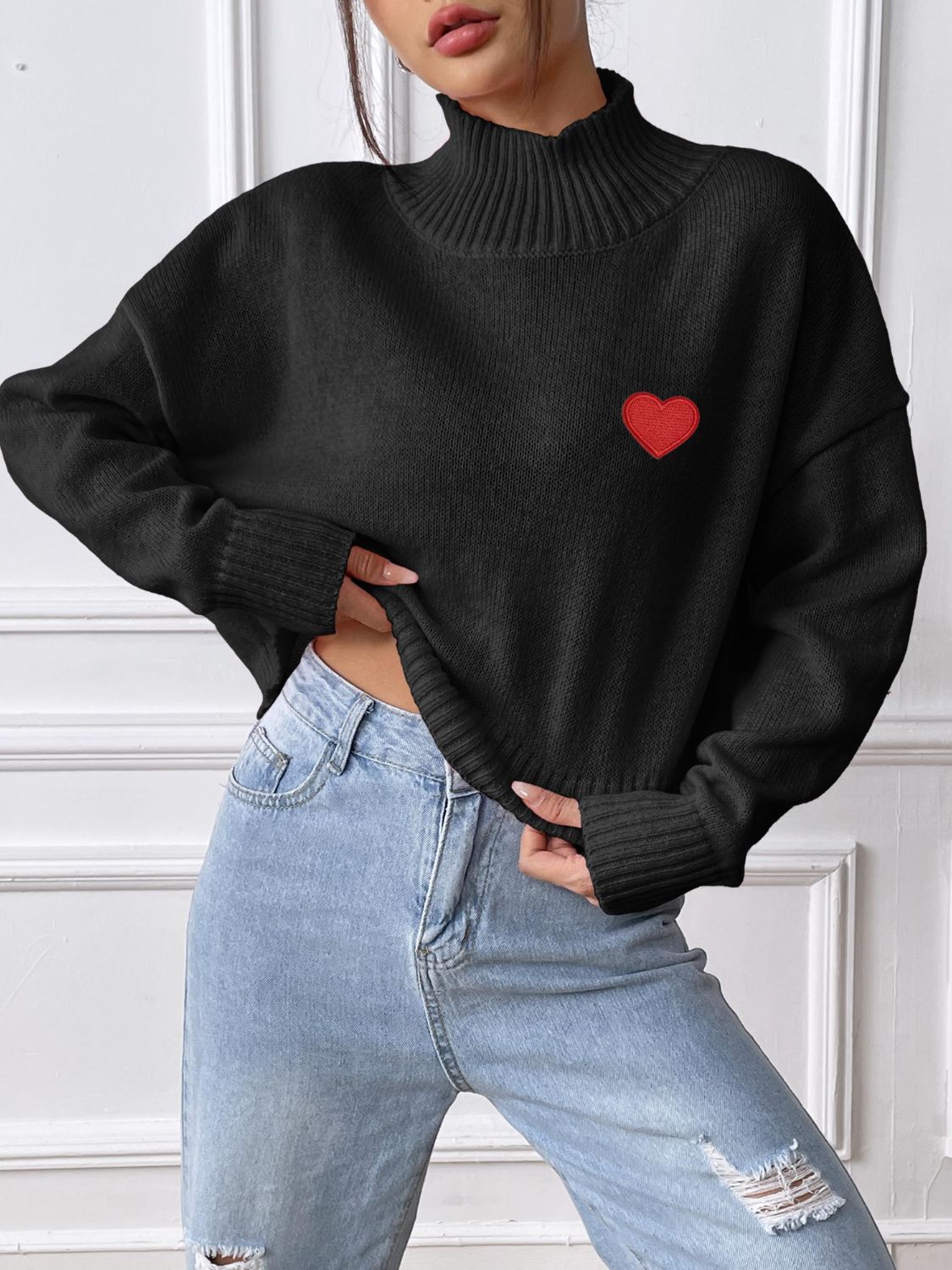 Heart Turtleneck Long Sleeve Sweater