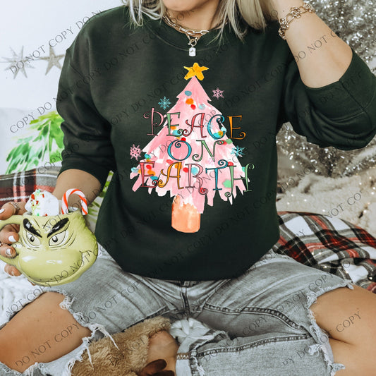 Full Size Peace on Earth Pink Christmas Tree Sweatshirt