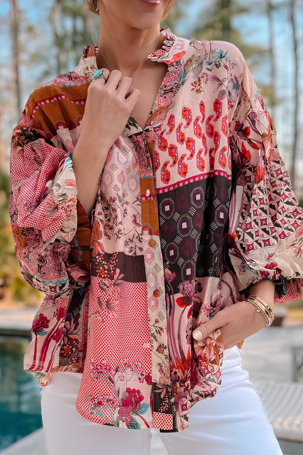 Patchwork Printed Notched Flounce Sleeve Shirt