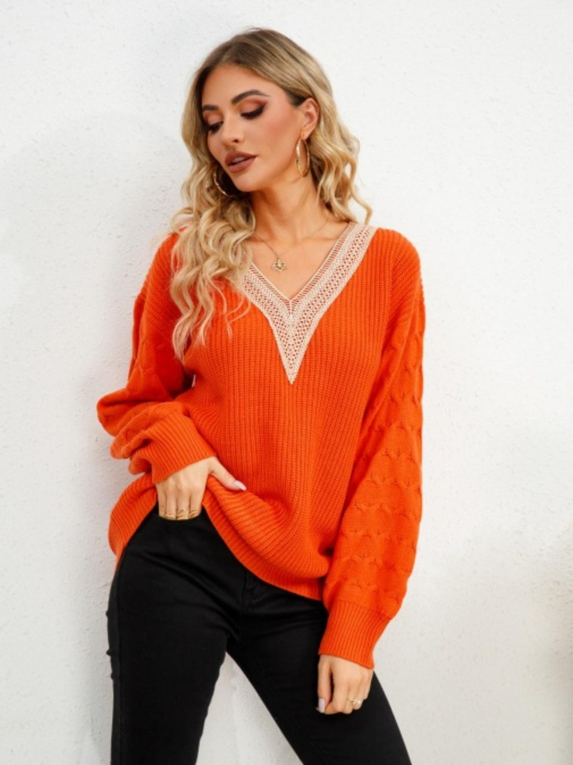 V-Neck Dropped Shoulder Long Sleeve Sweater