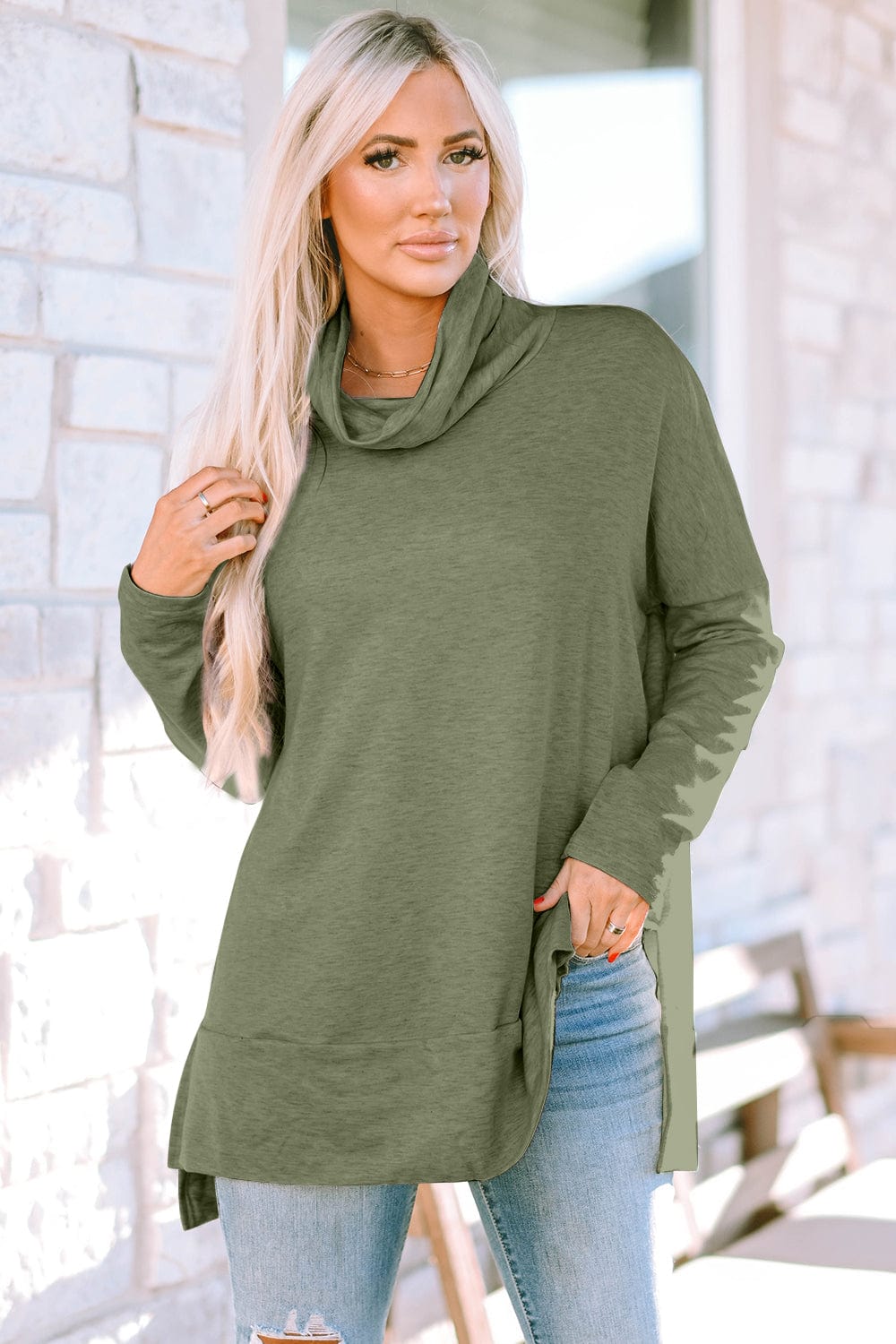 LoveByHannah Cowl Neck Long Sleeve Slit Blouse