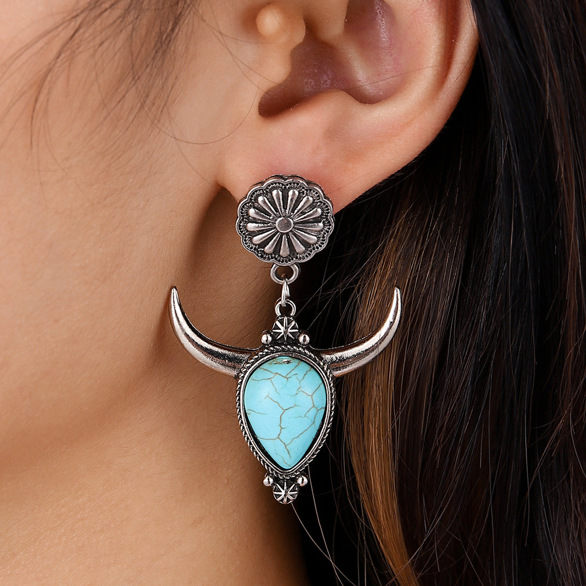 Artificial Turquoise Alloy Cow Head Earrings