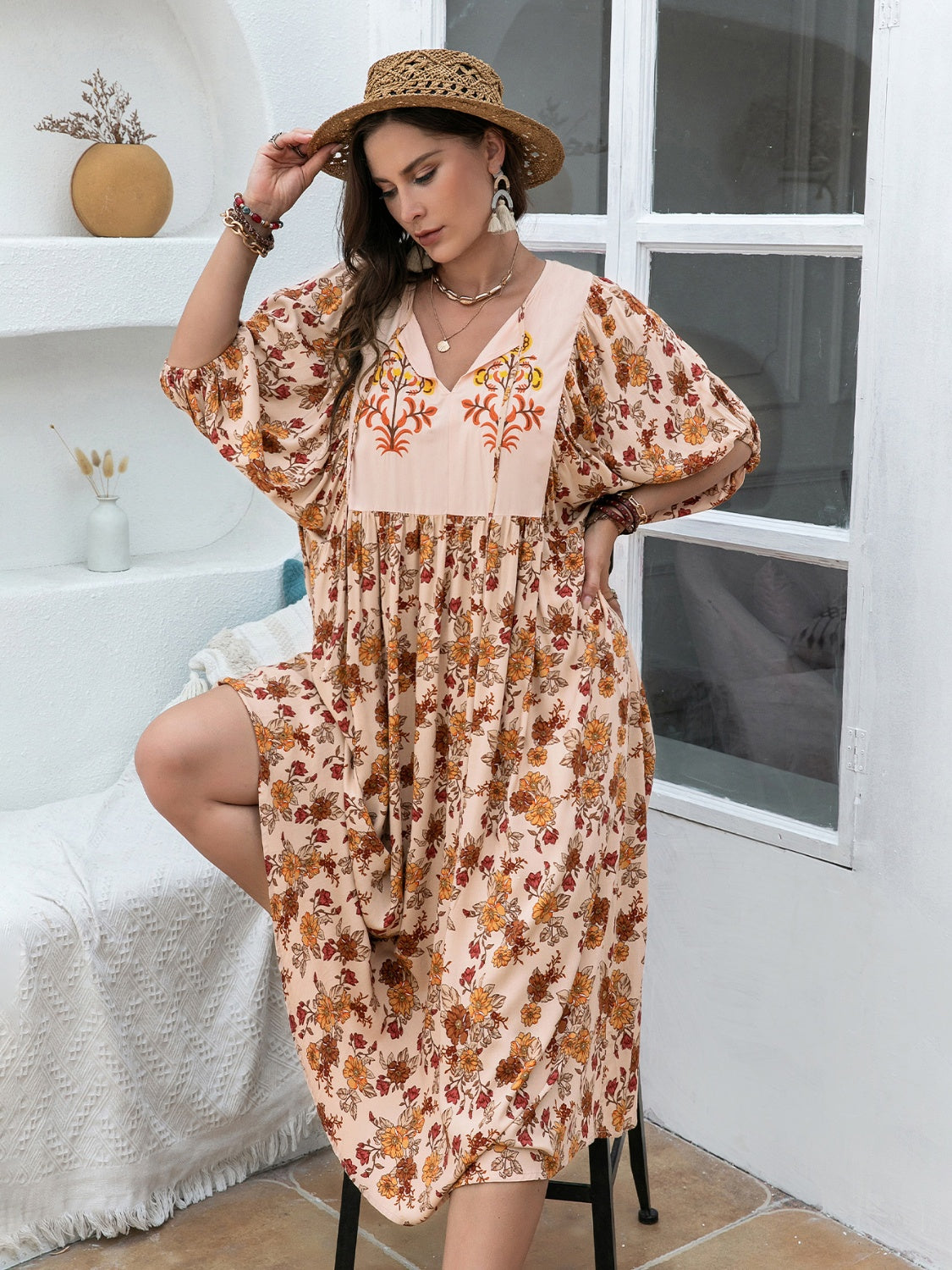 Plus Size Floral Printed Tie Neck Half Sleeve Midi Dress